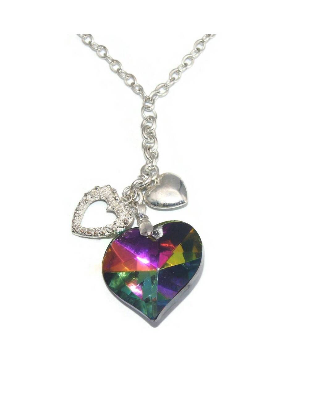 Vintage Silver Tone and Rainbow Resin 36 Inch Heart Y Necklace.
